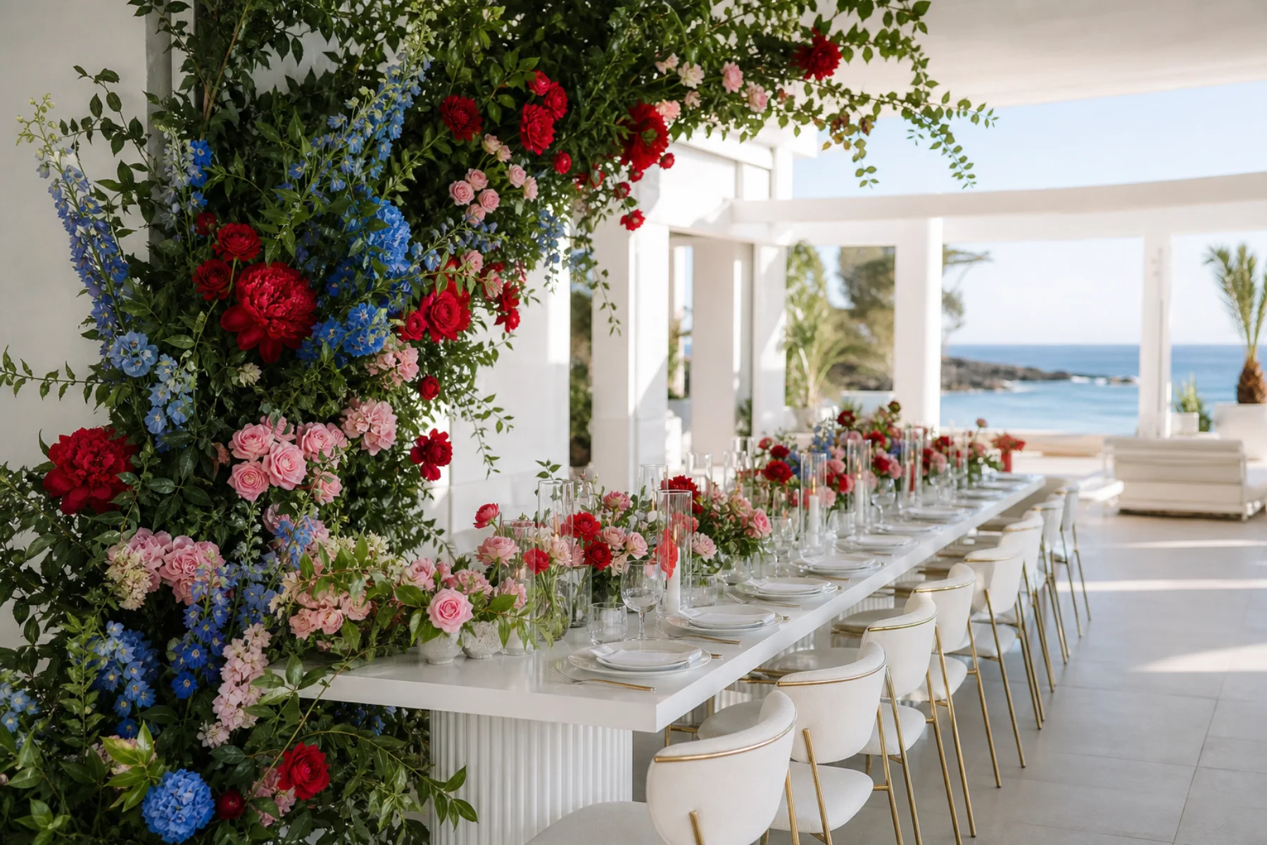 Instalação floral vermelha, rosa e azul num evento contemporâneo junto à costa